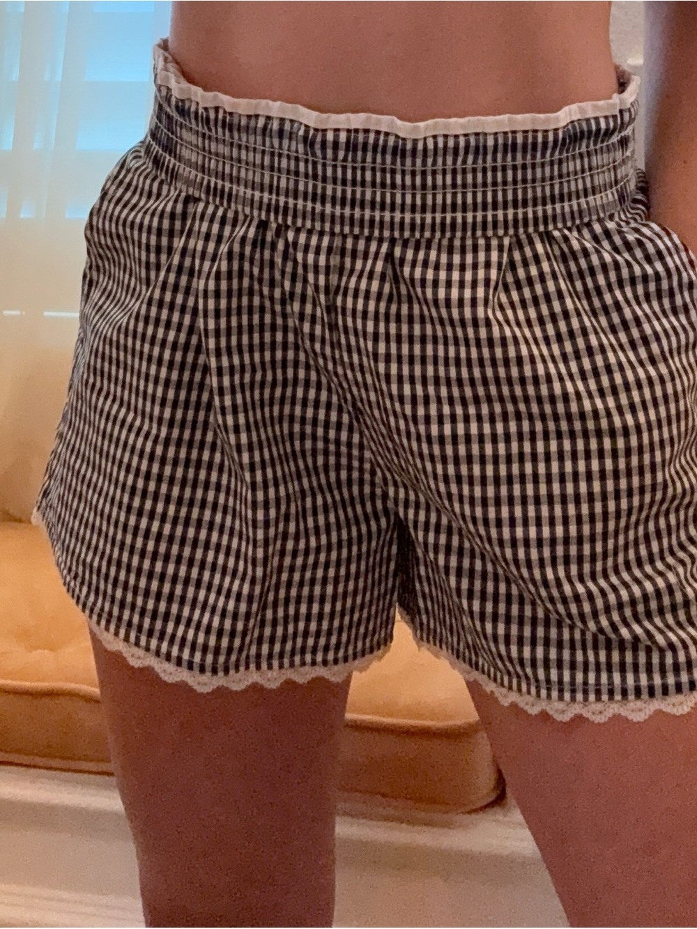 French Connection Navy & White Gingham Lace-Trim Shorts - Picture 4 of 5